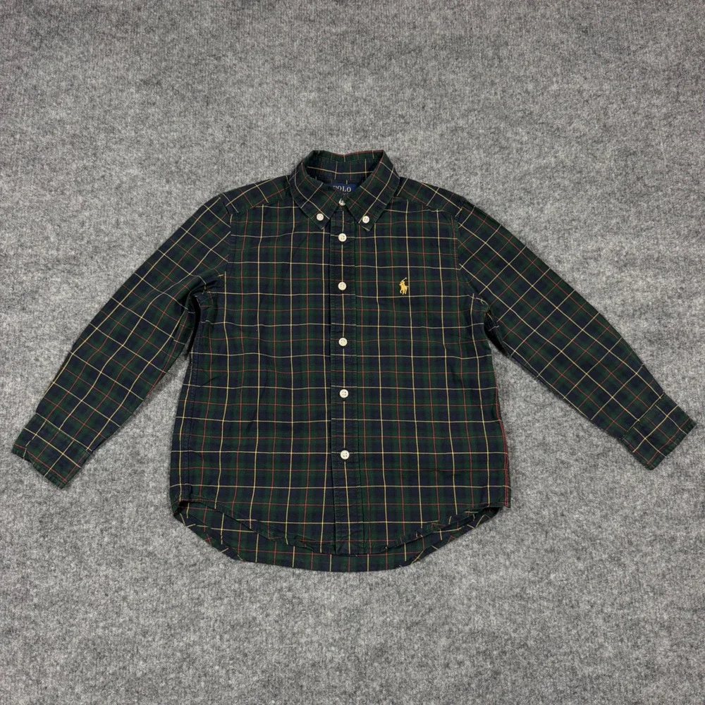 Polo Ralph Lauren Plaid Button Down Shirt Boys 5 Green Cotton EUC